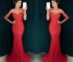 Sexy Sweetheart Prom Dresses, Red Sequin Prom Dresses, Mermaid Prom