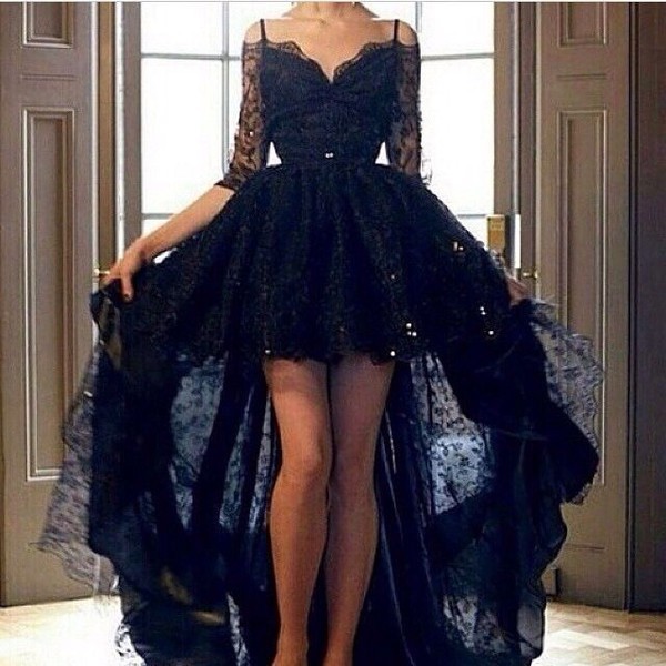 Elegant Black High Low Prom Dresses 2015 Sexy Half Sleeve Lace Evening Gowns Long Formal Party