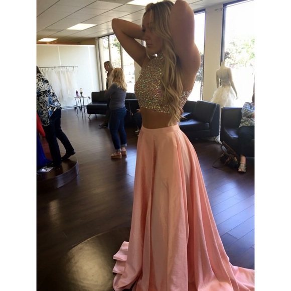Sparkle Pink Two Piece Prom Dress, Beading Prom Dress, Twopiece Prom