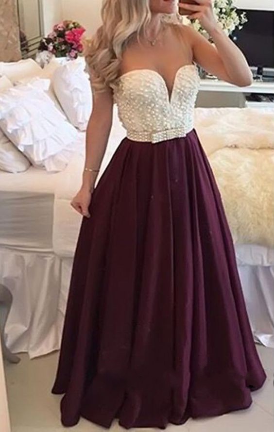 Burgundy Prom Dress , Long Plus Size Prom Dress, With Pearls Burgundy