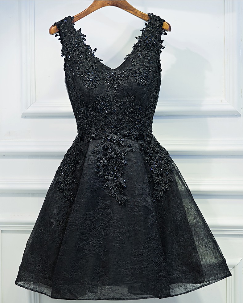 Sexy Black Short Prom Dress, Black Lace Prom Dress, Little Black Dress