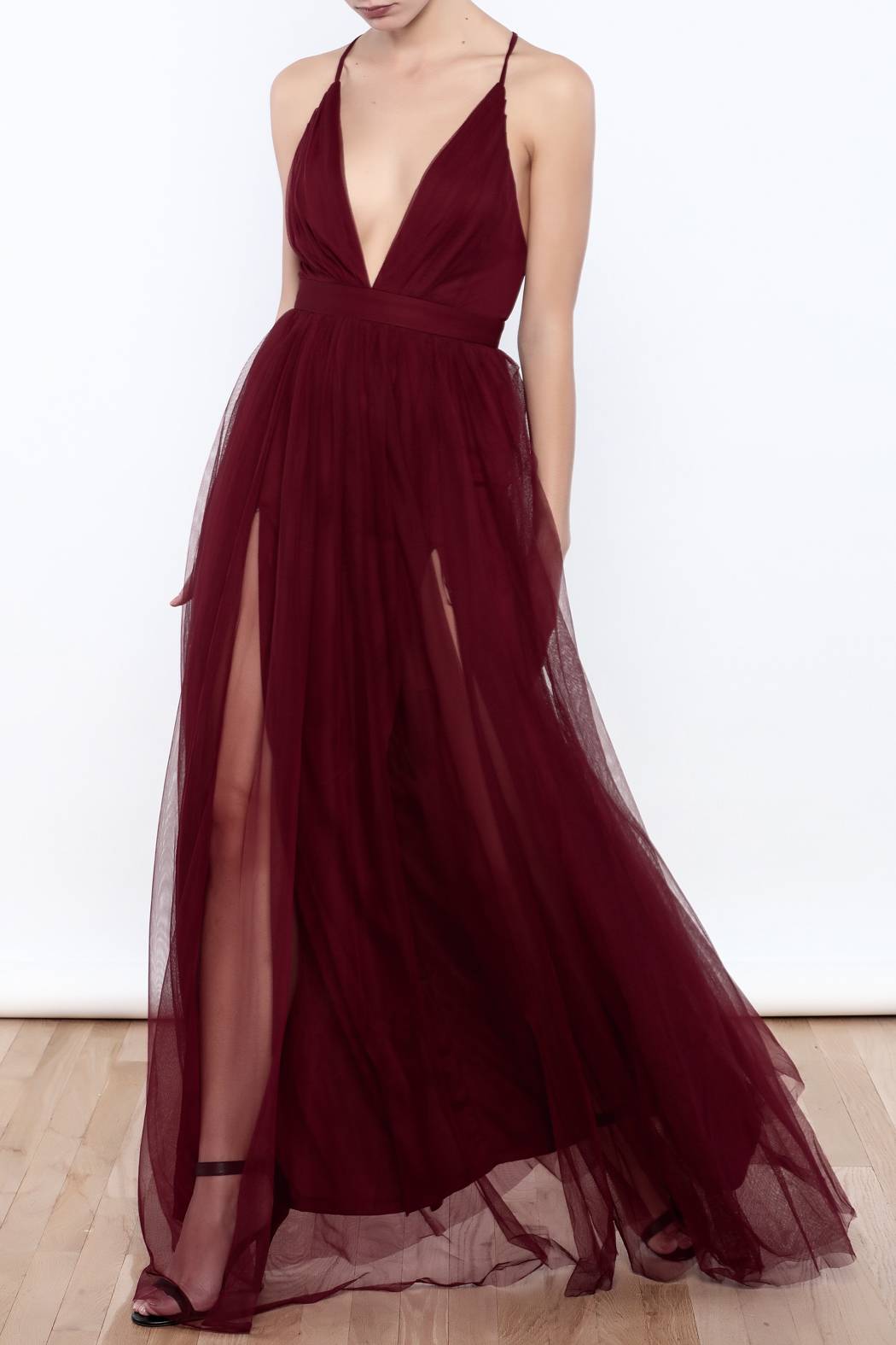 Sexy Deep V Neck Tulle Maxi Dress Tulle Prom Dress High Slit Prom Dress Backless Prom Dress 7463